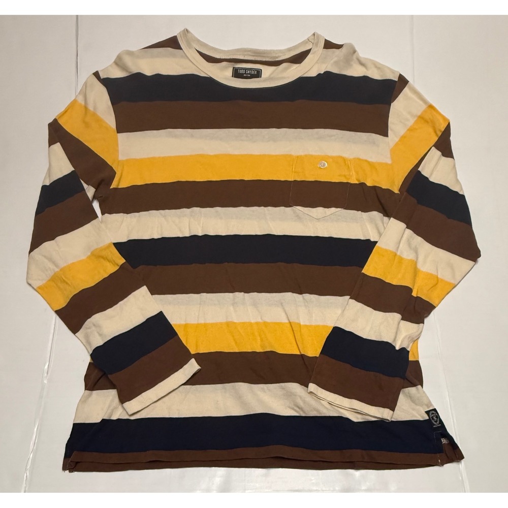 Todd Snyder Mens Large Striped Long Sleeve Pocket T-Shirt Brown Yellow Navy L